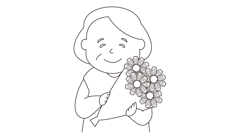 花束を持つおばあちゃんを描いたぬりえ画像