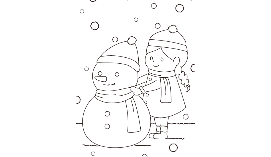 雪だるまと女の子を描いたぬりえのイラスト