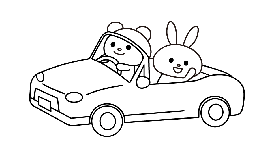 オープンカーに乗るクマとウサギを描いたぬりえのイラスト